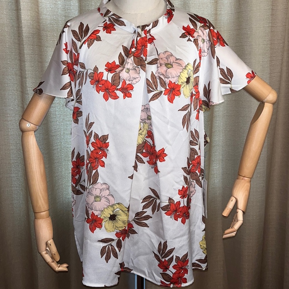 Liz Claiborne 2X Womens Mock Neck Back Zip Floral Blouse with Ruffle Cap Sleeve